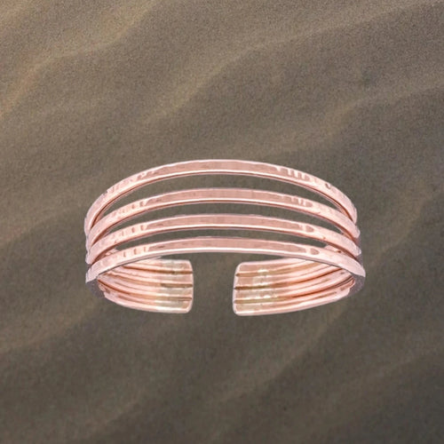 4 Band Rose Gold Adjustable Toe Ring - Tribal Waves Silver