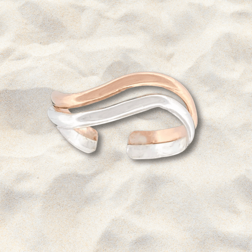 Double Band Wave Mixed Metal Adjustable Toe Ring - Tribal Waves Silver