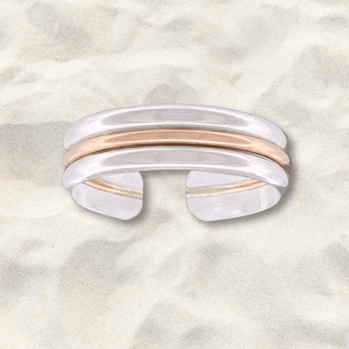 3 Band Mixed Metal Adjustable Toe Ring - Tribal Waves Silver