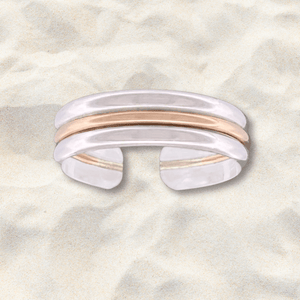 3 Band Mixed Metal Adjustable Toe Ring - Tribal Waves Silver