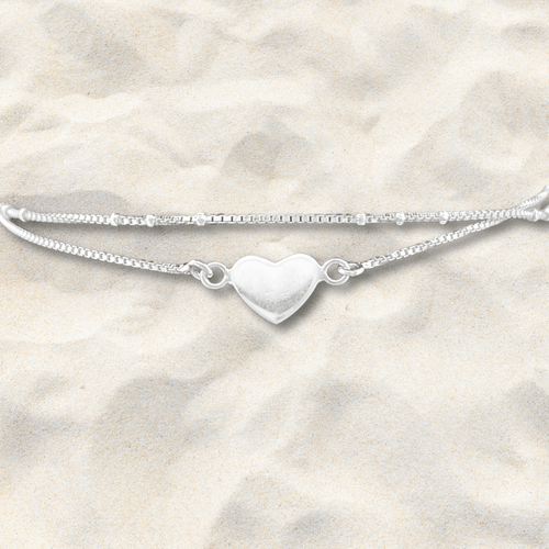 Double Layered Heart Sterling Silver Dainty Chain Anklet - Tribal Waves Silver