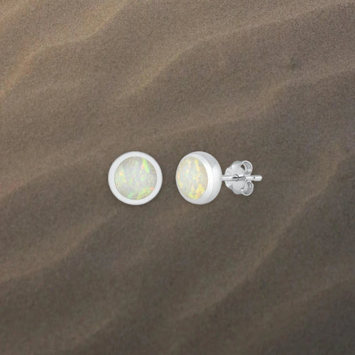 8mm White Opal Sterling Silver Studs Earrings - Tribal Waves Silver