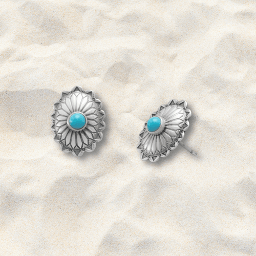 10mm Turquoise Concho Sterling Silver Stud Earrings - Tribal Waves Silver
