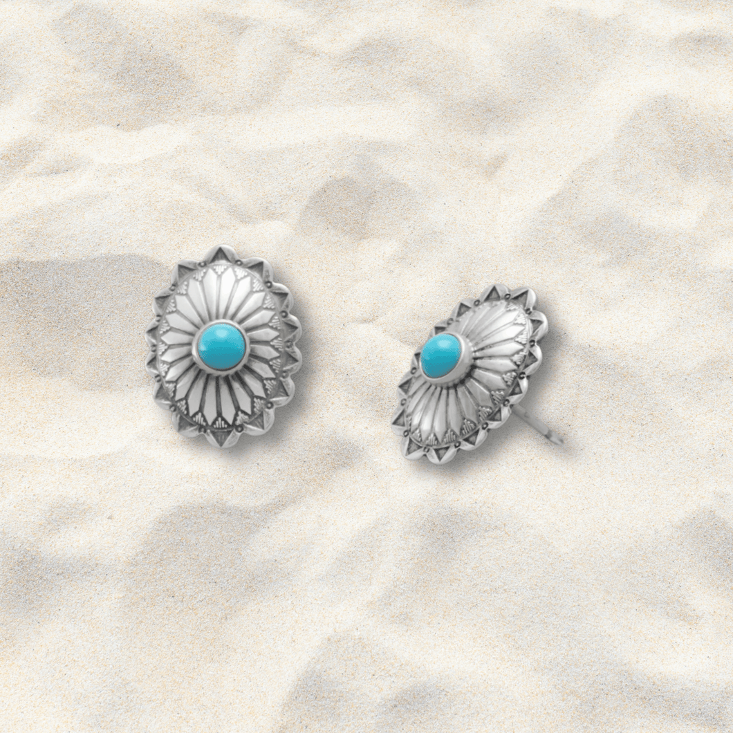 10mm Turquoise Concho Sterling Silver Stud Earrings - Tribal Waves Silver