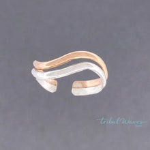 Load image into Gallery viewer, Double Band Wave Mixed Metal Adjustable Toe Ring floating over a dark grey background.