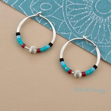 Load image into Gallery viewer, Turquoise Coral Beaded Sterling Silver Huggie Earrings - Tribal Waves Silver