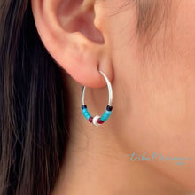 Load image into Gallery viewer, Turquoise Coral Beaded Sterling Silver Huggie Earrings - Tribal Waves Silver