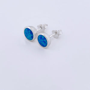 8mm White Blue Sterling Silver Studs Earrings - Tribal Waves Silver