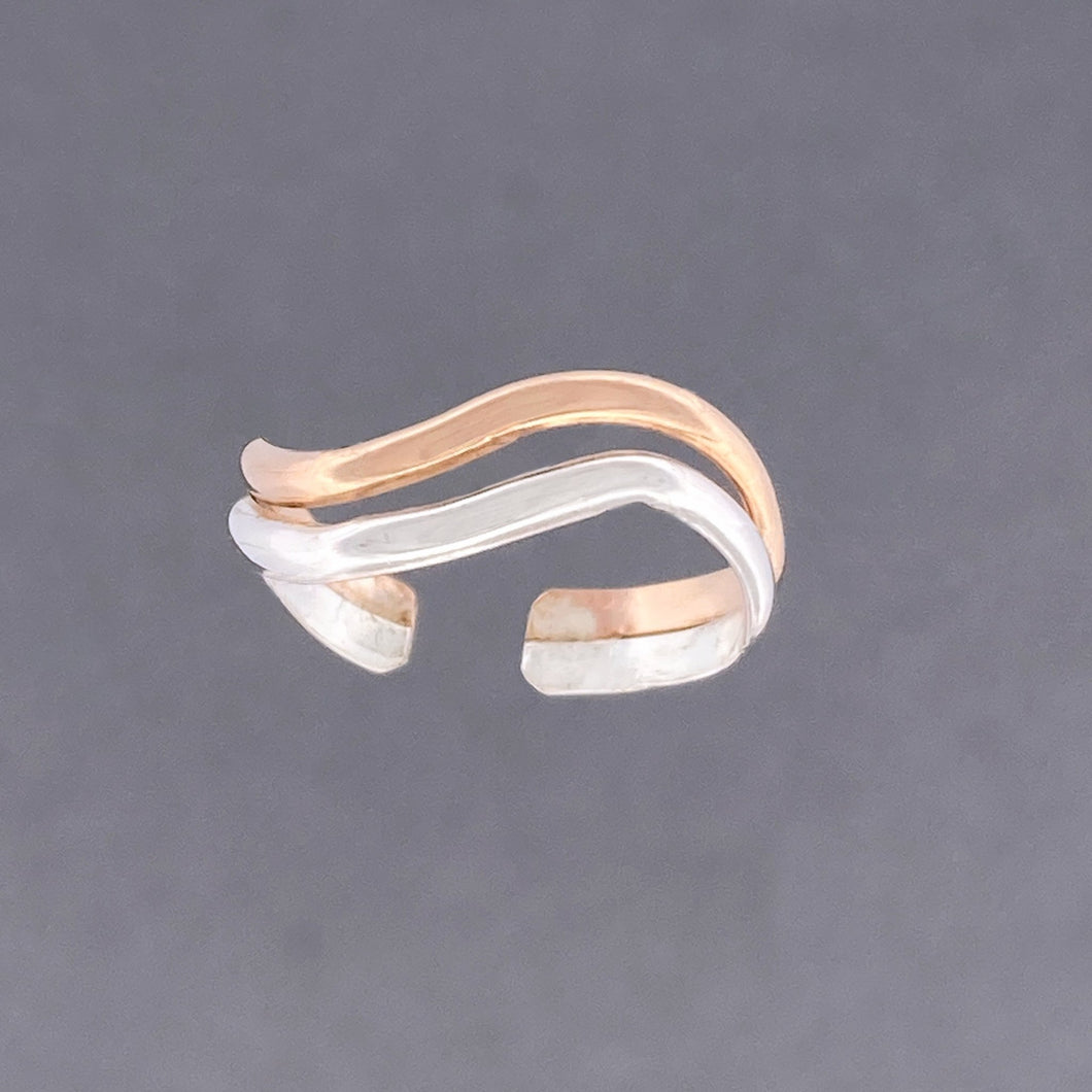 Double Band Wave Mixed Metal Adjustable Toe Ring - Tribal Waves Silver