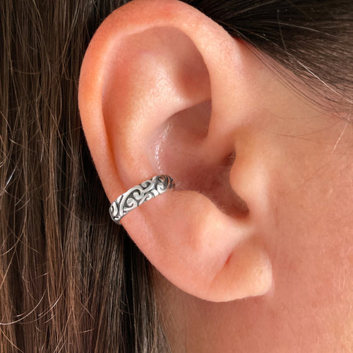 Filigree Sterling Silver Oxidized Ear Cuff - Tribal Waves Silver